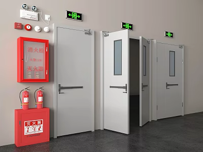 Fire Safety Equipment With Extinguishers Hydrant Cabinet And White Glass Exit Doors 3d model