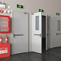 Fire Safety Equipment With Extinguishers Hydrant Cabinet And White Glass Exit Doors