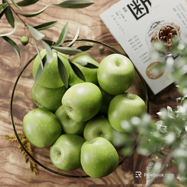 Ceramic Bowl Filled With Fresh Green Apples And Olive Branches Along With Walnuts On Wooden Table 3d model 