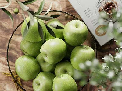 Ceramic Bowl Filled With Fresh Green Apples And Olive Branches Along With Walnuts On Wooden Table 3d model