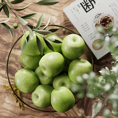 Ceramic Bowl Filled With Fresh Green Apples And Olive Branches Along With Walnuts On Wooden Table 3d model