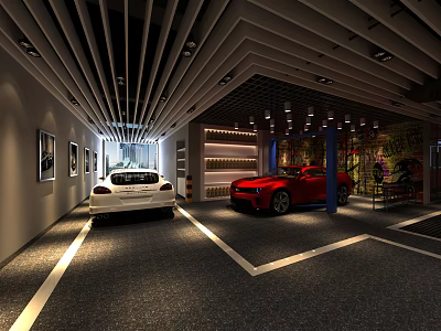 Car Dealership Showroom Displaying White And Red Cars With Indoor Decorative Elements 3d model