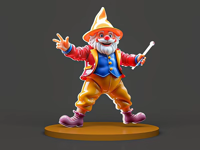 Gnome With Pointed Hat Red Coat Blue Vest Holding Stick Extending Hand On Orange Base 3d model