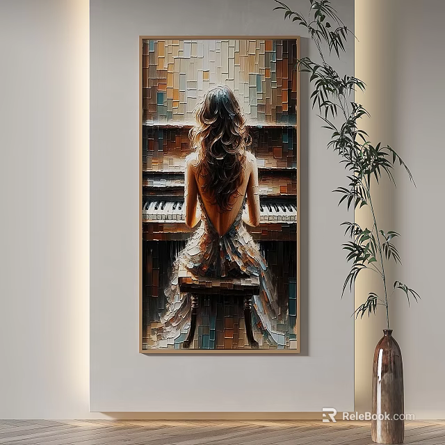 Portrait Painting of Woman Back Sitting at Piano Colorful Oil Art Indoor with Green Plant 3d model 