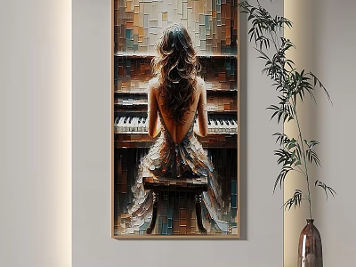 Portrait Painting of Woman Back Sitting at Piano Colorful Oil Art Indoor with Green Plant 3d model