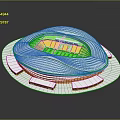 Architectural View Of Modern Football Stadium With White Exterior Green Pitch And Blue Seats