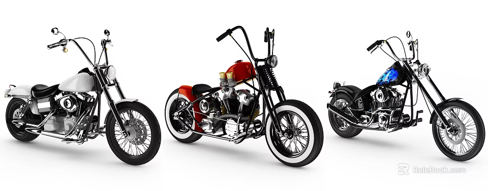 Vintage Red Black Motorcycle With High Handlebars Chrome Details Spoke Wheels On White Background 3d model 