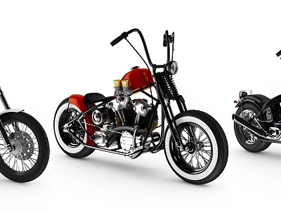 Vintage Red Black Motorcycle With High Handlebars Chrome Details Spoke Wheels On White Background 3d model