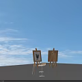 Two Wooden Easels With Drawing Boards Black And White Portrait And Metal Base Stool