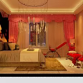 Elegant Hotel Guest Room With Bed Red Chair Bench Chandelier Curtains Carpet And Wall Artwork
