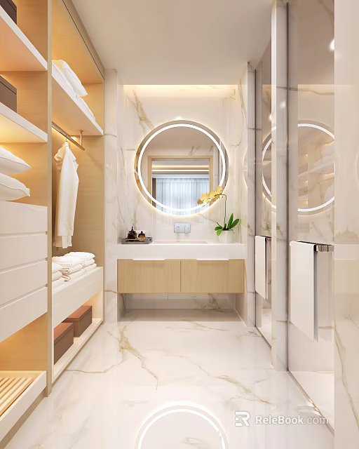Hotel Bathroom With Modern Design Marble Walls Round Mirror And Wooden Vanity Cabinets 3d model 