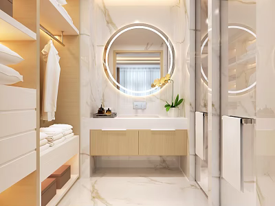 Hotel Bathroom With Modern Design Marble Walls Round Mirror And Wooden Vanity Cabinets 3d model