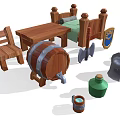 Vintage Medieval Style Decorative Ornament Set Including Wooden Bed Table Chair Barrel Shield Helmet