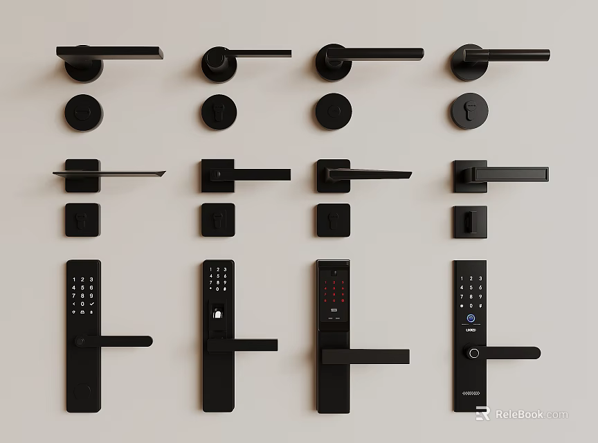 Various Modern Black Door Handles With Lever And Smart Lock Designs 3d model 