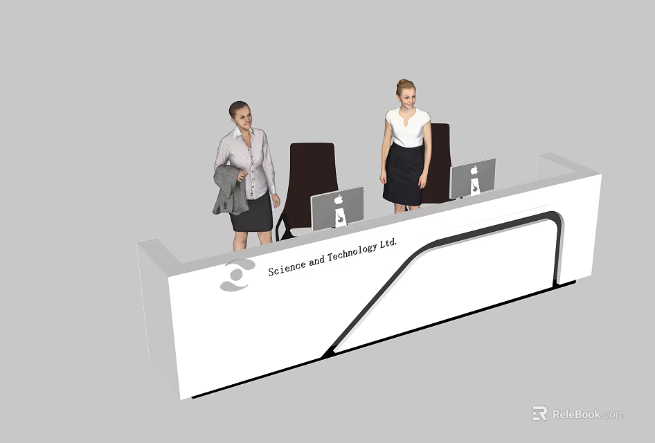 Modern Reception Desk With Staff And Computers For Science And Technology Office 3d model