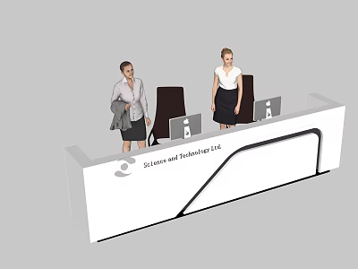 Modern Reception Desk With Staff And Computers For Science And Technology Office 3d model