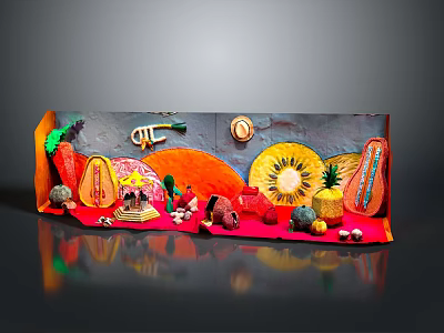 Colorful Handmade Scenic Model With Fruit Elements Trumpet Miniature House And Green Plants 3d model