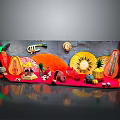 Colorful Handmade Scenic Model With Fruit Elements Trumpet Miniature House And Green Plants