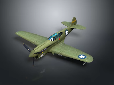 Green Vintage Military Airplane Featuring Star Insignia Propeller Cockpit Number 40 And Wings 3d model