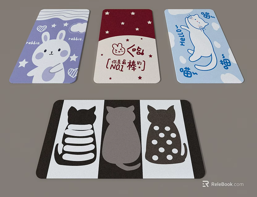 Cute Square Rugs with Rabbit Cat Patterns and Star Cloud Designs 3d model