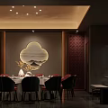 Elegant Chinese Restaurant Interior With Round Dining Table Red Chairs Mountain Decor And Lighting 3d model