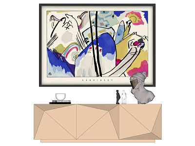 Abstract Colorful Painting Above Beige Geometric Cabinet With White Cup Books Sculpture And Elephant Figurine 3d model
