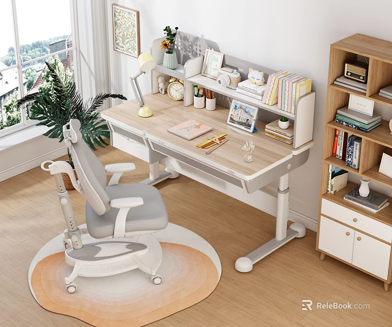 Children's Study Desk With Adjustable Chair Wooden Bookshelf And Stationery Near Window 3d model 