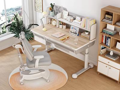 Children's Study Desk With Adjustable Chair Wooden Bookshelf And Stationery Near Window 3d model