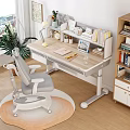 Children's Study Desk With Adjustable Chair Wooden Bookshelf And Stationery Near Window