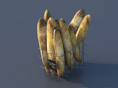 Golden Crusty Baguettes Arranged In Wire Basket For Fresh Bread 3d model