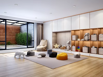 Modern Playroom Design With Storage Cabinets Toys Rug Floor To Ceiling Windows And Green Plants 3d model