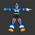 Blue Armored Video Game Character Posing With Helmet Yellow Boots And Outstretched Arms