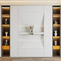 Modern Minimalist Background Wall With Illuminated Display Shelves And Decorative Figurines