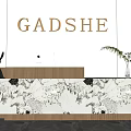 Modern Reception Desk With Marble Countertop Wooden Design GADSHE Logo Sign Potted Plants And Computer