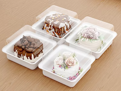 Four Assorted Decorated Cakes in White Plastic Containers on Wooden Table 3d model