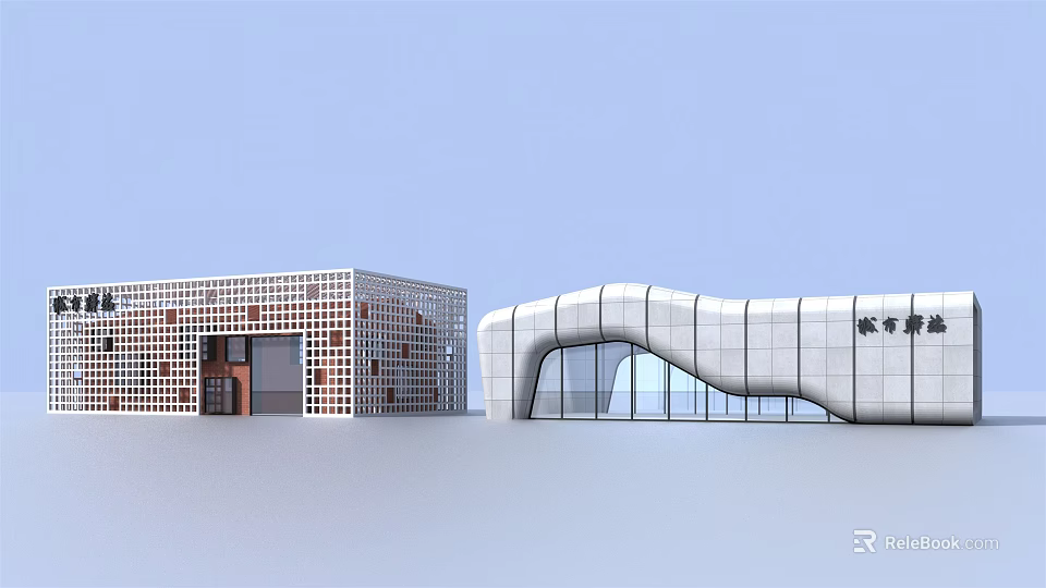 Contemporary Post Station With Grid Pattern Building And Curved Glass Design 3d model