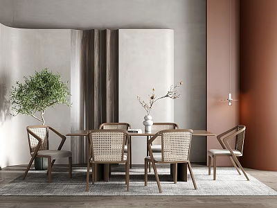 Modern Dining Table Set With Wicker Chairs Green Plant And Gray Brown Wall Decor 3d model