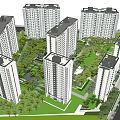 Residential Landscape With Lush Trees Paved Walkway Green Lawn Person Walking And High Rise Buildings