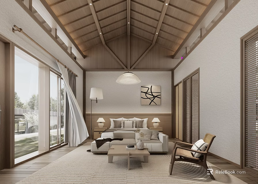 Modern Hotel Guest Room With Wooden Ceiling Large Windows White Sofa And Wooden Chair 3d model 