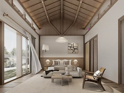 Modern Hotel Guest Room With Wooden Ceiling Large Windows White Sofa And Wooden Chair 3d model