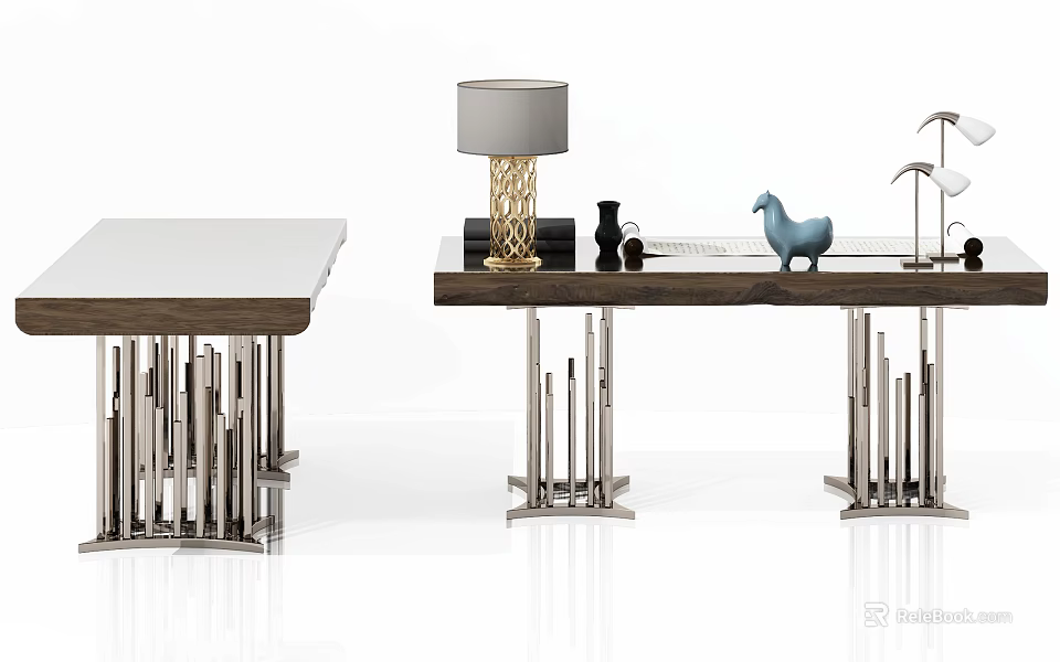 Modern Console Table Design With Wooden Top Metal Legs And Decorative Items 3d model 