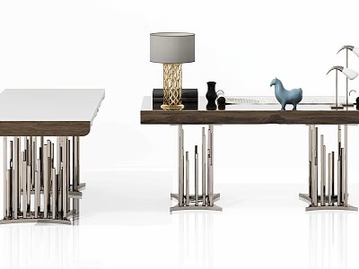 Modern Console Table Design With Wooden Top Metal Legs And Decorative Items 3d model