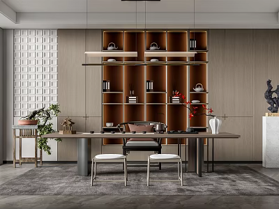 Elegant Modern Tea Room Interior Design With Wooden Shelves And Tea Sets 3d model