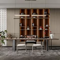 Elegant Modern Tea Room Interior Design With Wooden Shelves And Tea Sets