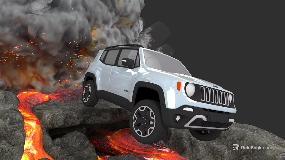 White SUV Driving Through Rocky Terrain Amid Volcanic Eruption With Lava And Smoke 3d model 