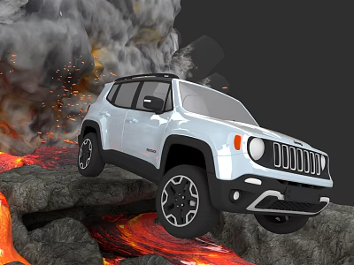 White SUV Driving Through Rocky Terrain Amid Volcanic Eruption With Lava And Smoke 3d model
