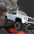White SUV Driving Through Rocky Terrain Amid Volcanic Eruption With Lava And Smoke
