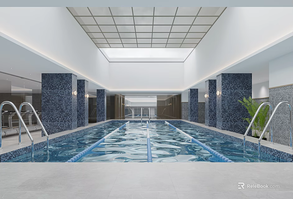 Modern Indoor Swimming Pool With Skylight And Tiled Columns 3d model 