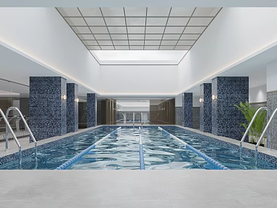Modern Indoor Swimming Pool With Skylight And Tiled Columns 3d model