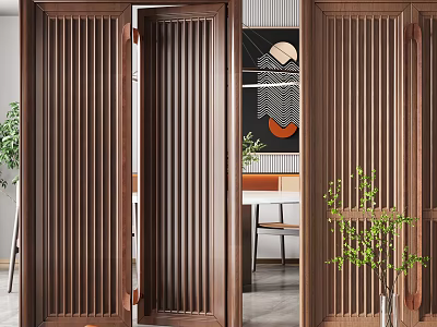 Wooden Double Doors With Vertical Slats And Green Plants In Modern Interior Living Dining Area 3d model